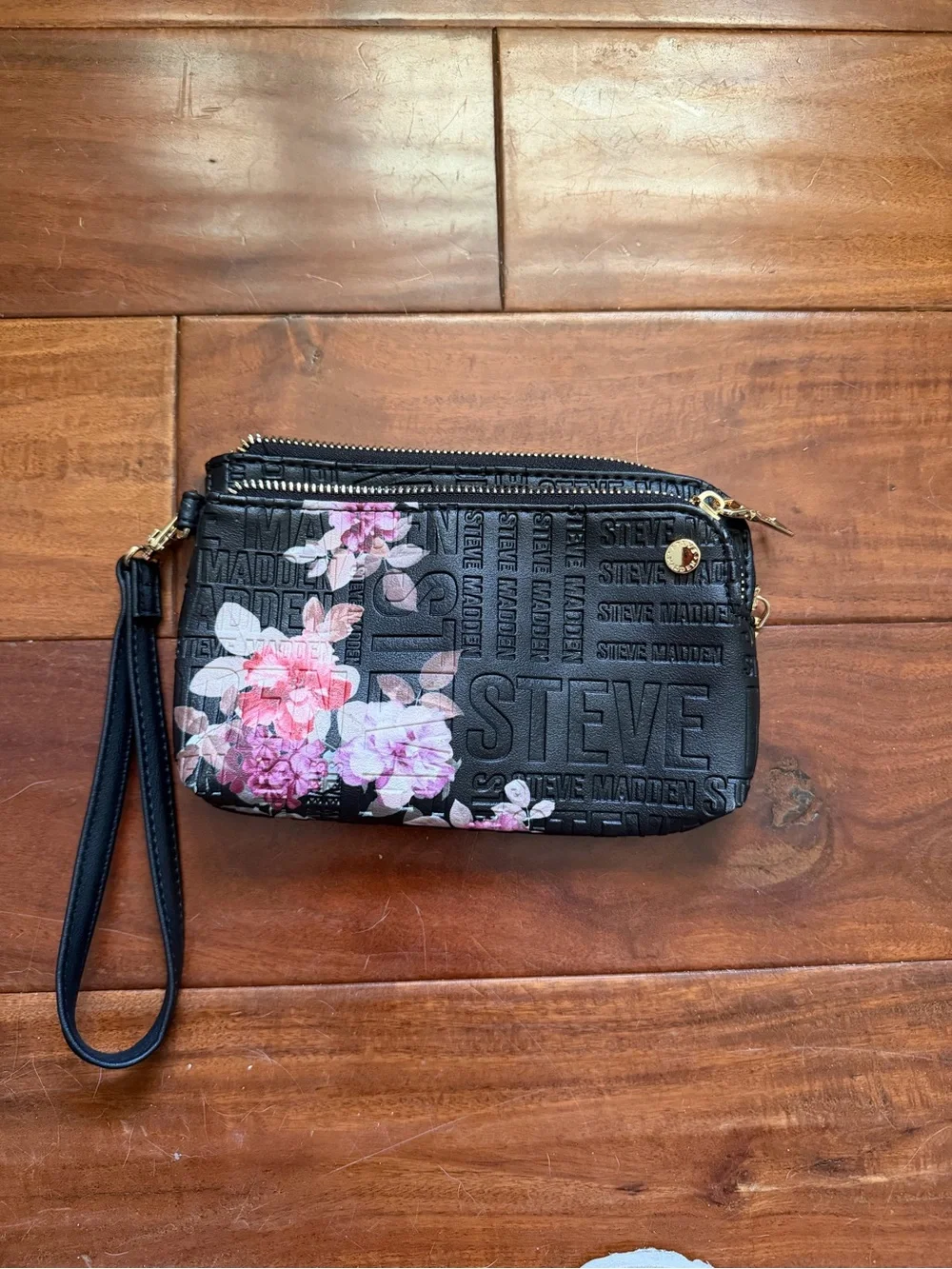 Steve Madden Black Floral Wristlet with Gold Accents